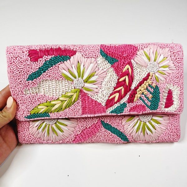 Embroidery Bag Clutch, Colorful Clutch, Pink Hand Beaded Embroidered Beaded Colorful Clutch, Beaded Clutch, Bag Clutch