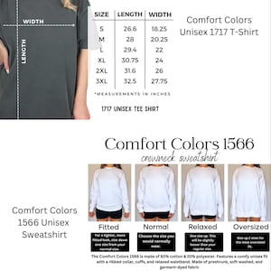 May include: Size chart for unisex t-shirts and crewneck sweatshirts from Comfort Colors. The chart shows measurements in inches for sizes S-3XL. The t-shirt chart includes length and width measurements. The sweatshirt chart includes sleeve length and full body length measurements. The chart also includes descriptions of the different fits for the sweatshirts: fitted, normal, relaxed, and oversized.