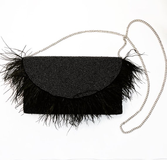Black Evening Bag, Beaded Black Clutch, Black Clutch, Womens Clutch Purse,Formal Clutch Women, Novelty Purse, Beaded Hand Bag, Faux Feather