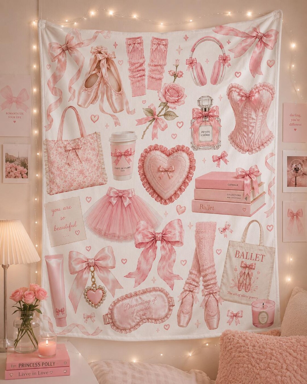 Pink Balletcore Blanket, Girly Dorm Bedding, Ballet Slippers Blanket ...