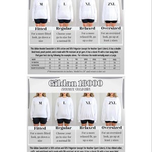 May include: Size chart for Gildan 18500 hooded sweatshirt and Gildan 18000 crewneck sweatshirt. The chart shows the width, length, and sleeve length in inches for sizes S, M, L, XL, 2XL, 3XL, 4XL, and 5XL. The chart also includes information about the fit of each size, such as fitted, regular, relaxed, and oversized.
