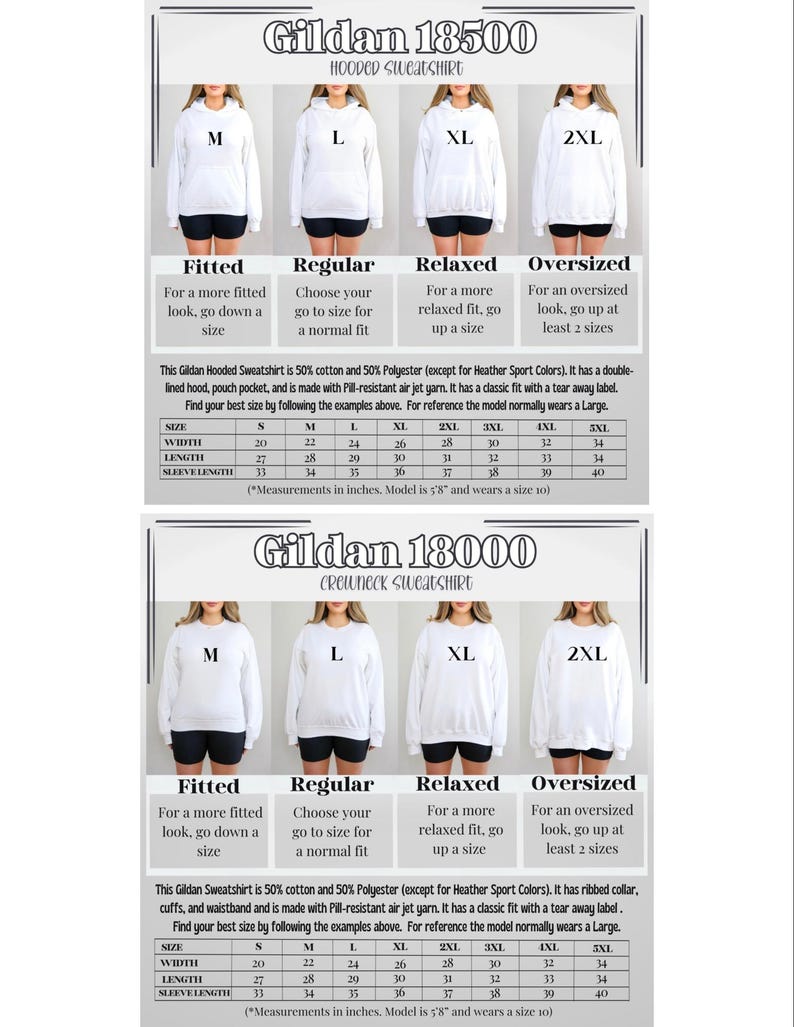 May include: Size chart for Gildan 18500 hooded sweatshirt and Gildan 18000 crewneck sweatshirt. The chart shows the width, length, and sleeve length in inches for sizes S, M, L, XL, 2XL, 3XL, 4XL, and 5XL. The chart also includes information about the fit of each size, such as fitted, regular, relaxed, and oversized.