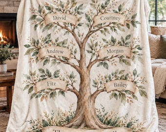 Personal Family Tree Blanket, Velveteen Family Tree Gift, Custom Names Family Tree Blanket, Personalized Gift for Grandma, Christmas Present