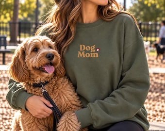 Dog Mom Embroidered Crewneck Sweatshirt with Paw Print Heart Design, Cozy Gift for Dog Moms and Mamas