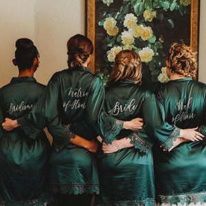 Emerald Green Satin Bridesmaid Robe, Lace Trim, Bridal Party Gift