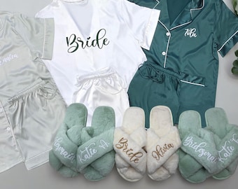 Pijama de noiva verde sálvia, conjunto de pijama de cetim para madrinhas, conjunto de pijama macio para madrinhas, presentes personalizados, pijamas de casamento