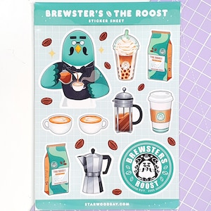 以下が含まれることがあります： 「Brewster's The Roost」のブルースターがコーヒーを注いでいるステッカーシート。コーヒーカップ、コーヒー豆、フレンチプレス、テイクアウトコーヒーカップも含まれています。シートには、バブルティーの飲み物とコーヒー豆の袋も含まれています。