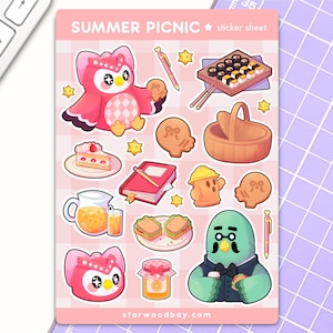 May include: A sticker sheet with a pink background featuring various picnic-themed illustrations. Includes images of owls, food, a picnic basket, and the text "SUMMER PICNIC sticker sheet" at the top. The sticker sheet also has the text "starwoodbay.com" at the bottom.
