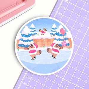 Tom Nook Eislaufen Aufkleber | Animal Crossing Weihnachtsgeschenk | Saisonales Dekor | Spiele Merchandise