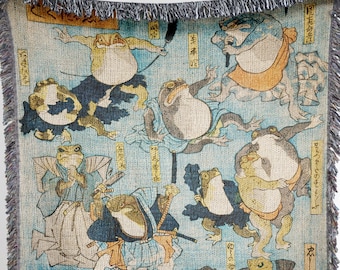 Samurai Frogs Woven Blanket: Vintage Japanese Art Tapestry
