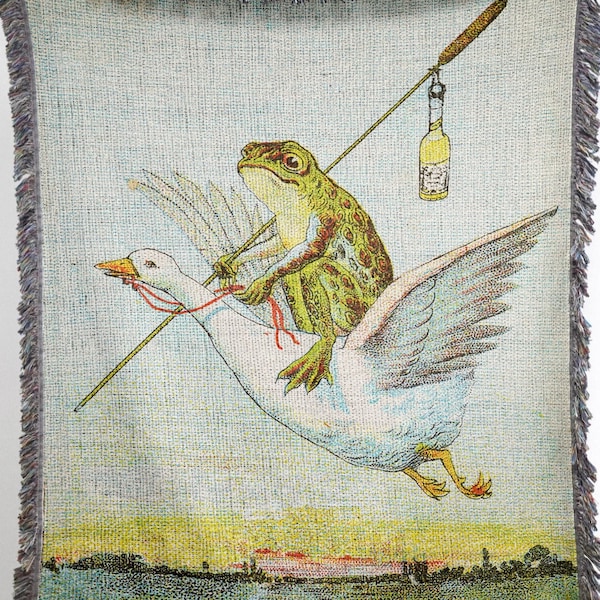 Reitfrosch Decke Vintage Frosch Folklore gewebte Decke: Cottagecore Dekor, Americana Dekor, 1920er Jahre Dekor, Retro Frosch und Kröte Dekor