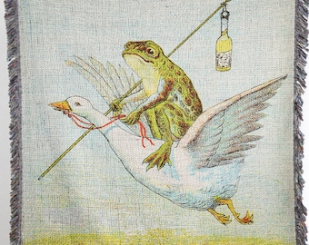 Riding Frog Blanket Vintage Frog Folklore Woven Throw Blanket: Cottagecore Decor, Americana Decor, 1920s Decor, Retro Frog and Toad Decor