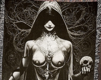Witch Sorceress Woven Blanket: Vintage Satanic Decor Tapestry