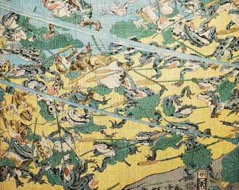 May include: A woven tapestry featuring a colorful Japanese illustration of frogs fighting on lily pads. The tapestry has a blue, green, yellow, and brown color scheme. The text on the tapestry reads "国宝 蛙合戦" which translates to "National Treasure: Frog Battle".