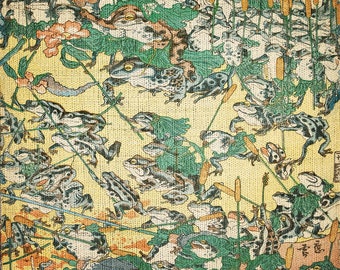 Kyosai Frog Battle Woven Blanket: Vintage Japanese Tapestry