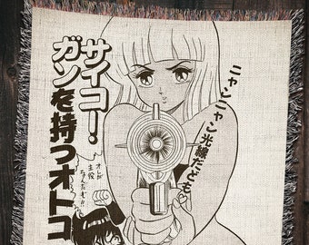 Retro Anime Woven Throw Blanket: 1970s Manga Art Decor