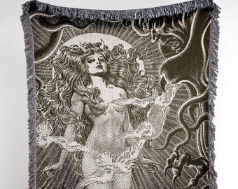 Satanic Decor Vintage Baphomet Demon Evocation Woven Throw Blanket