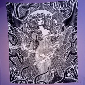 The Sorceress Wall Tapestry ~~ Vintage Fantasy Witchy Decor, Gothic Wall Hanging, Satanic Tapestry