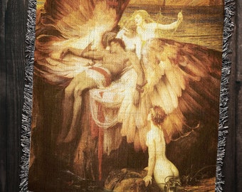 May include: A tapestry depicting a mythical scene with three figures. A winged figure with golden feathers stands in the center, with two other figures, one with long flowing hair and the other with a more earthly form, standing nearby. The scene is set against a backdrop of a forest and a body of water.