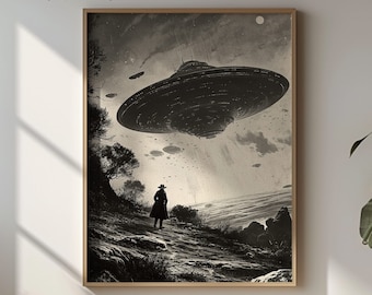 May include: A black and white illustration of a man in a cowboy hat standing on a hill looking up at a flying saucer. The saucer is hovering over a body of water. There are smaller flying saucers in the background.