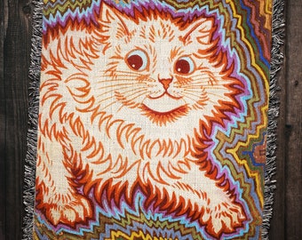 Vintage Americana Decor Psychedelic Cat Blanket Woven Blanket: Novelty Minimalist Blanket for Dorm Decor Naps, Louis Wain Artwork, Cat Decor
