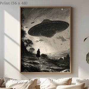 Space Cowboy Art Print: Vintage Sci-Fi Western UFO Mothership