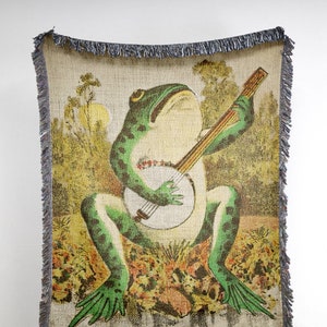 Banjo Frog Blanket Vintage Frog Folklore Woven Throw Blanket: Man I Love Frogs Blanket for Dorm Decor, Japanese Decor, Gift for Him or Her