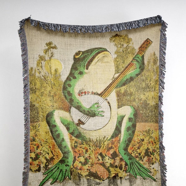 Banjo Frog Blanket Vintage Frog Folklore Woven Throw Blanket: Man I Love Frogs Blanket for Dorm Decor, Japanese Decor, Gift for Him or Her
