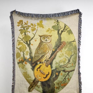 Vintage Owl Decor Tree Owl Playing Guitar Blanket Camping Blanket • Music Decor, Boho Bohemian Decor, RV Life, Van Life, Night Owl Tapestry