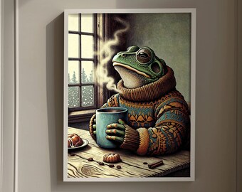 Cozy Frog Art Print: Vintage Sweater, Coffee Shop Decor