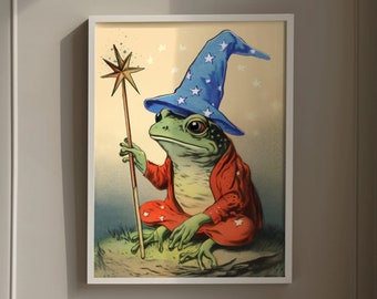 May include: A green frog wearing a blue and white star-patterned wizard hat and red robe holds a wooden staff with a star on top. The frog is sitting on a brown rock with green grass.