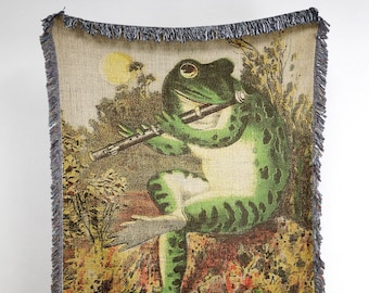 Flute Frog Blanket Vintage Frog Decor Folklore Woven Blanket • Lizzo Flute Frogs Blanket, Cottagecore, Frog and Toad, Retro Frog Tapestry