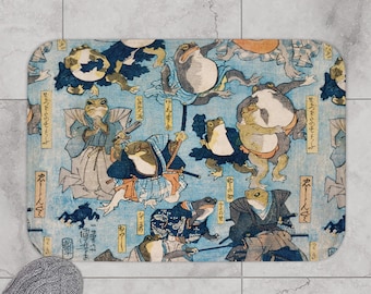 Samurai Frosch-Badematte ~ Vintage japanische Folklore, Ninja-Frosch und Kröte, Frosch-Duschvorhang-Badezimmerdekor