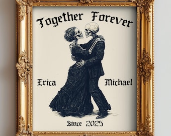 Personalized Skeleton Couple Print - Gothic Anniversary Gift Custom Art