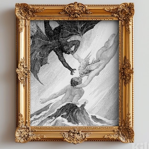 Puede incluir: Una impresión en blanco y negro enmarcada que representa una escena dramática con figuras, incluyendo un demonio alado y ángeles, en un estilo clásico. La impresión está en un marco dorado ornamentado, con el texto "Print (16 x 20)" en la parte superior.