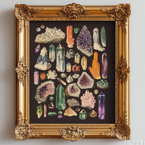 Lámina artística de cristales minerales antiguos • Póster de piedras preciosas, decoración de cuarzo, regalo para amantes de los cristales, impresión de gemas de bellas artes, decoración de mineralogía, arte rupestre