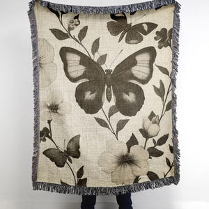 Vintage Butterfly Blanket: Black and White Botanical Cotton Throw