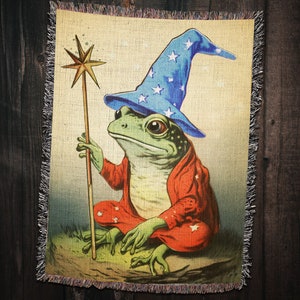Wizard Frog Woven Throw Blanket: Vintage Magic Decor