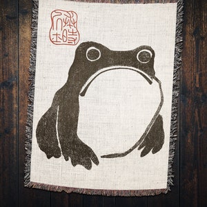 Matsumoto Hoji Frog Throw Blanket: Vintage Japanese Folklore Cotton Woven Blanket