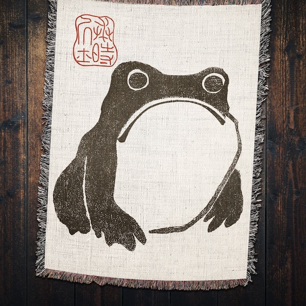 Matsumoto Hoji Frog Blanket Vintage Japanese Sad Frog Folklore Woven Throw Blanket: Novelty Blanket for Dorm Decor, Naps, Japanese Decor