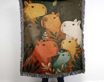 Capybara Woven Blanket: Cottagecore Animal Tapestry, Forest Decor