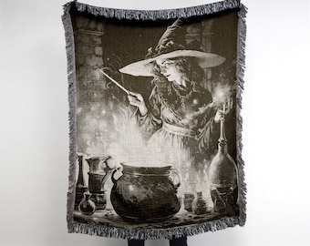 Witch Apprentice Vintage Fantasy Sci Fi Woven Throw Blanket • Gothic Decor, Witchy Decor, Whimsigoth Sorceress Brewing Potion in Cauldron