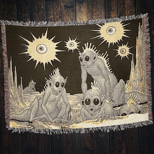 Sea Monkey Party Woven Throw Blanket: Vintage Sci-Fi Novelty Decor