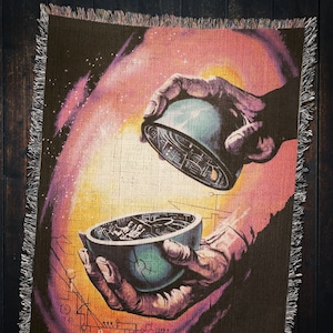 Sci-Fi Comic Woven Throw Blanket: UFO Capsule Galaxy Art