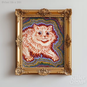 May include: A framed print of a white cat with orange fur, set against a background of colorful, swirling lines. The cat has large, blue eyes and a playful expression.