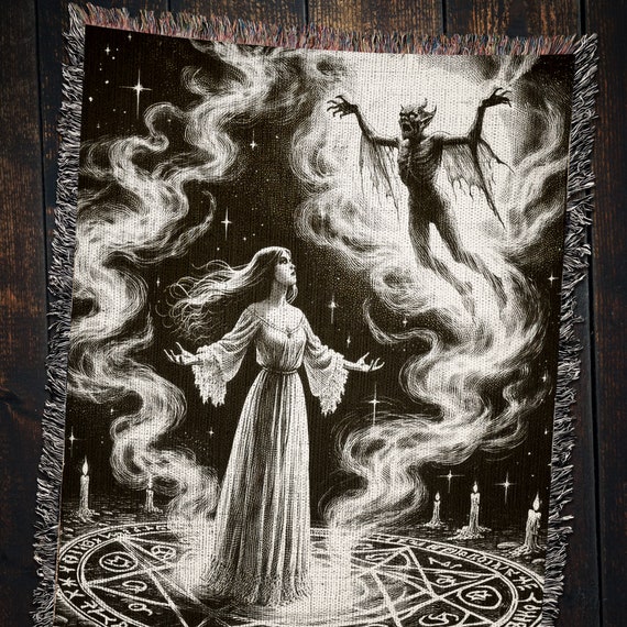 Vintage Witch Summoning Demon Blanket • Occult Sorceress Art, Witchy Circle Decor, Satanic Demon Illustration, Mystical Witchcraft Charm