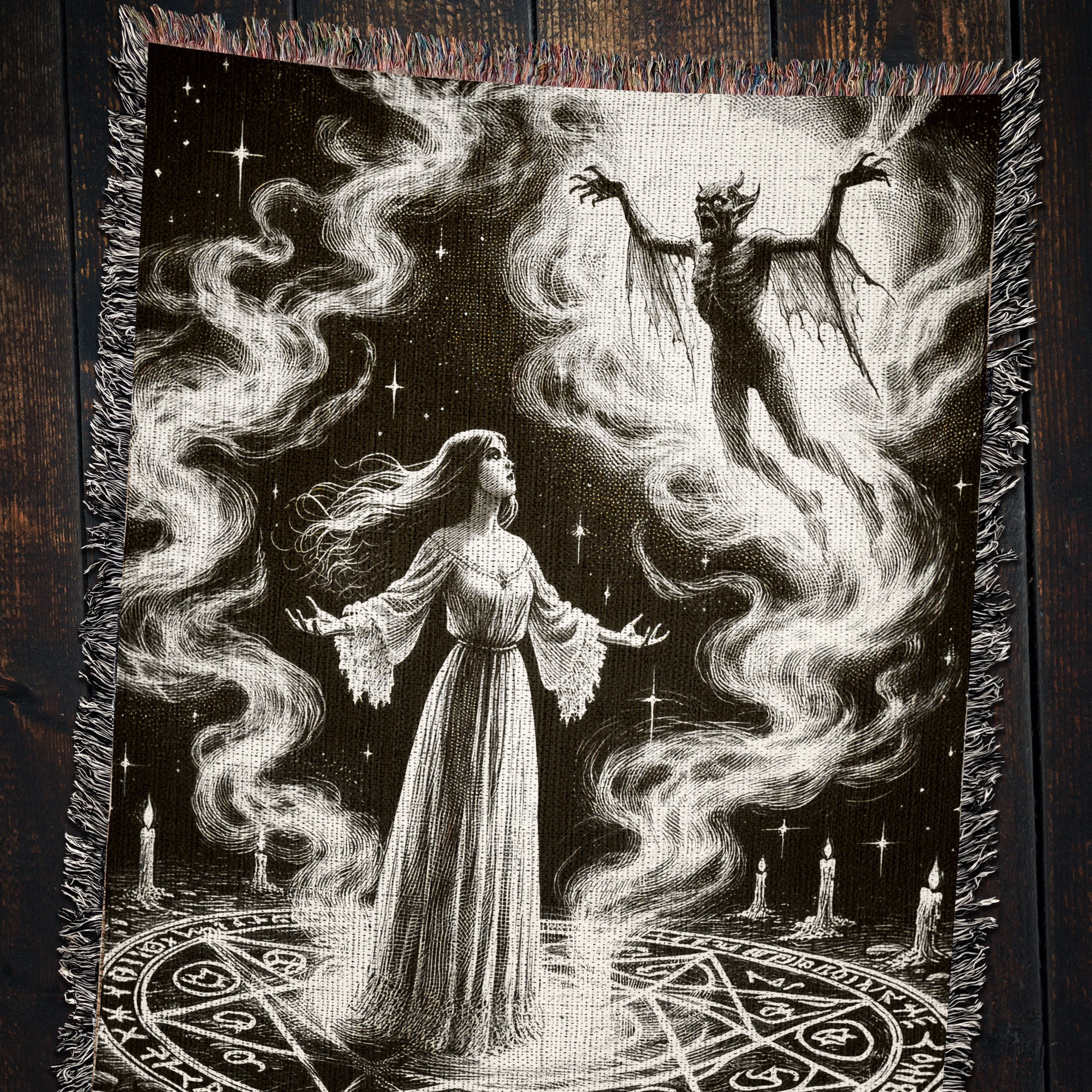Vintage Witch Summoning Demon Cotton Blanket • Occult Tapestry
