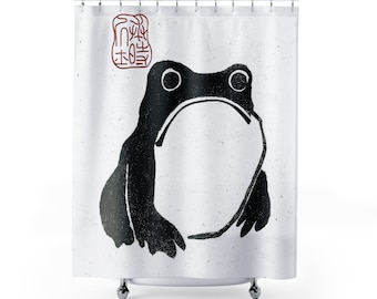 Matsumoto Hoji Frosch Duschvorhang Vintage japanische traurige Frosch Folklore Badezimmer Dekor, japanisches Dekor, minimalistisches Bad, mürrischer Frosch Meme