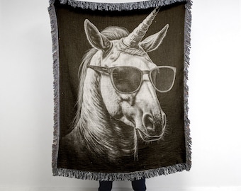 Unicorn in Sunglasses Woven Cotton Blanket: Medieval Tapestry Throw