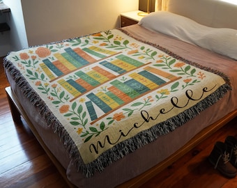 Custom Book Lovers Woven Blanket, Personalized Bookshelf Throw Gift